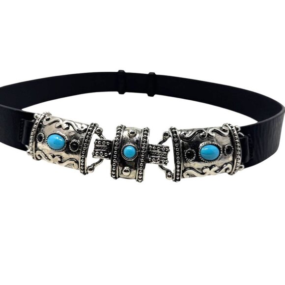 WCM New York Womens size Medium Black Statement belt turquoise cabochon Western - Picture 3 of 9